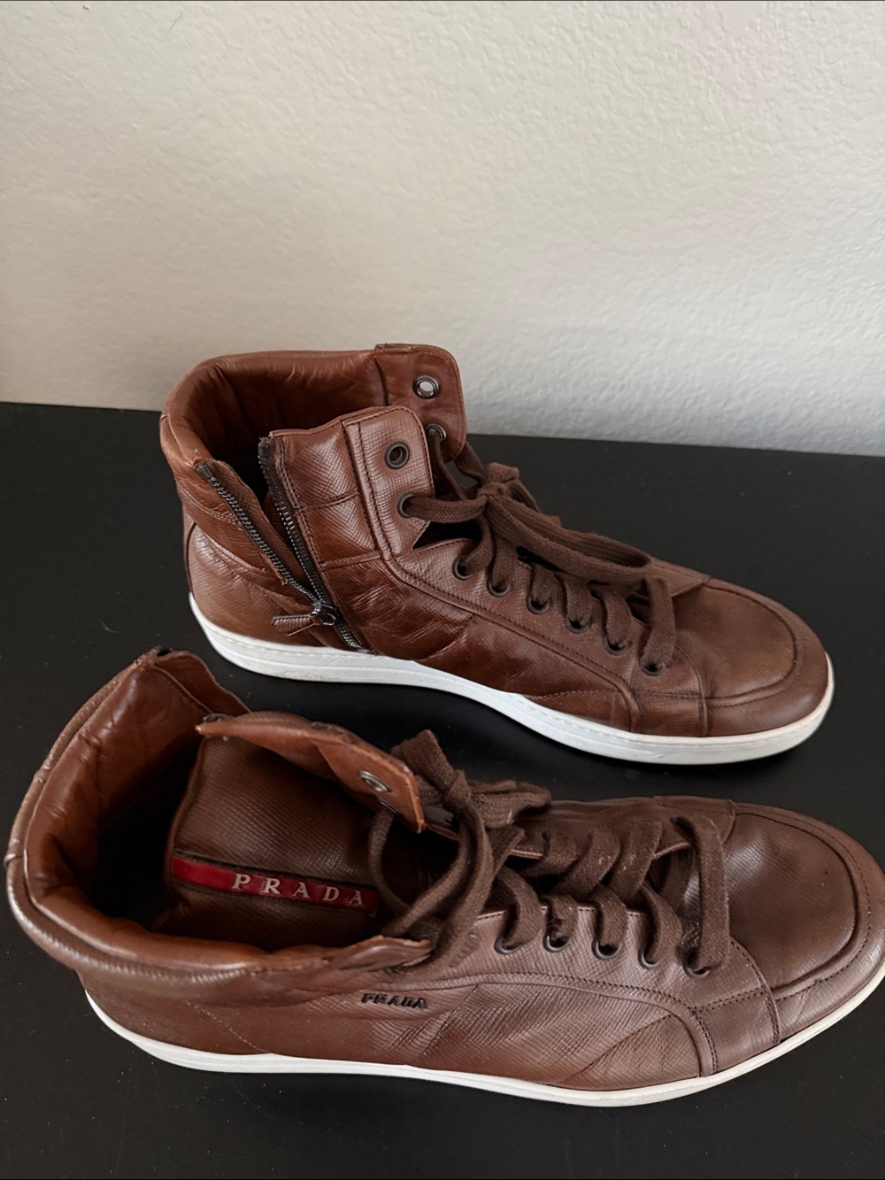 Prada Brown Supple Calfskin Leather High-Top Sneakers - Picture 2 of 3